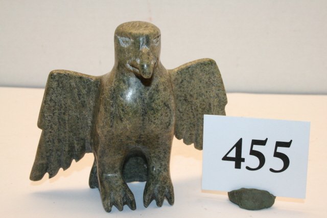Soapstone: 4 ¼” x 3 3/8” Green Soapstone Carved of a Winged Thunderbird, Eskimo, signed by Maker