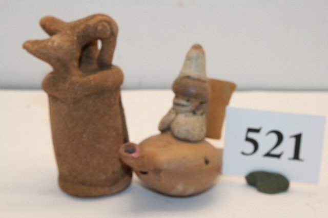 Pre Columbian Artifact: 2 Items: 3 5/8” tall Pottery Toucan Perched on Pillar with slotted side, Costa Rica, unusual Pre Columbian Artifact & 3 ¼” x 3” Pottery Effigy, Auen Riding on a Thundrbird with sail, whistle, C
