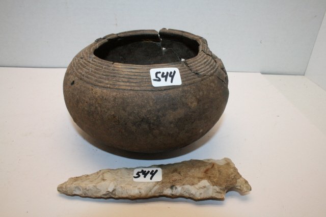 Mississippian Pottery Bowl: 2 Items: 5 ½” x 3” Mississippian Pottery Bowl, Barrien Co. Michigan, Incised design at rim, Broken & glued – pieces missing and 5” Side Notch Point – Marshall Co. Ind.