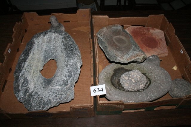 3 Metates with manos: Group of 3 Metates with manos and a pitted stone which appears to have been used in paint making – S.W.U.S.
