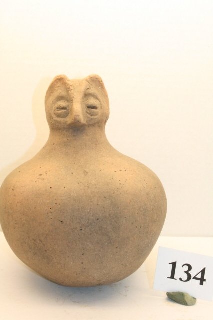 Hooded Owl Effigy Water Bottle: 7” x 6” Hooded Owl Effigy Water Bottle found by Dennis Walker, Hickman Co. Arkansas