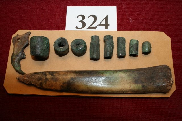 10 Pcs. – 8 pcs. Copper Beads: 10 Pcs. – 8 pcs. Copper Beads, A worked Opossum Jaw Bone, 5 ½” long Bone Dagger – Camp Creck Site, Greene Co. Tenn.