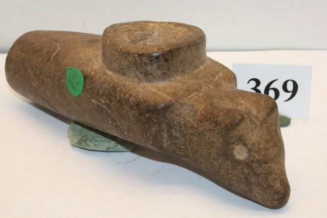 Wolf Effigy – Great Pipe: Museum Quality Wolf Effigy – Great Pipe 8 ¾” long Steatite – Hickman Co. Kentucky, Ex. John Delime Collection – pictured in Who’s Who #10 page 264