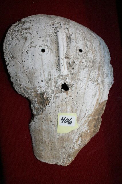 Shell Face Gorget: 7 ¼” x 5 ½” Shell Face Gorget – found on the Zimmerman Island, Jefferson Co. Tenn. – Ex. Hal Noe, pictured Who’s Who #4 page 231