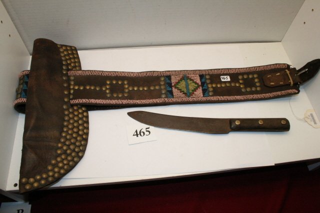 Crow Belt and Knife Sheath: 48” x 3” Beaded Tacked Crow Belt and Knife Sheath with old Cutlery Knife made from Old Harness Tack