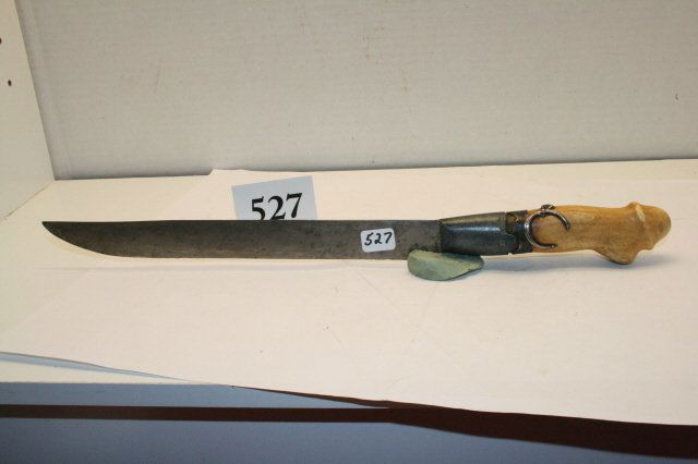 Walrus Ivory Phallic Knife: 14 ½” Walrus Ivory Phallic Knife – pewter cap with trade silver ear ring – pinned on top