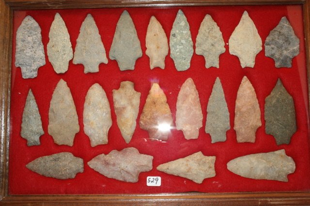 Virginia and North Carolina Spears: 12 x 18 Frame containing 22 Fine Appalachian Virginia and North Carolina Spears – longest 3 ¾”, smallest 3 ¼” – represent lifetime collections of spear points from the Calvin Hood pictured i