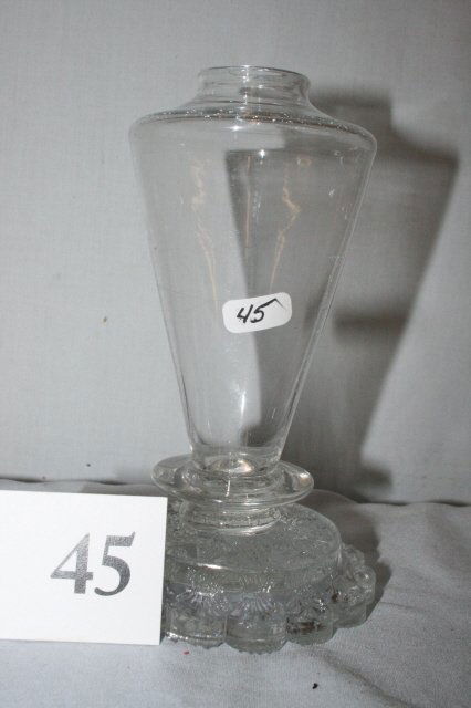 Sandwich Glass Whale Oil Lamp: Sandwich Glass Whale Oil Lamp (no burner) 6” high, the blown pear shaped font and molded base is typical of early Sandwich Lamps – circa 1830-40