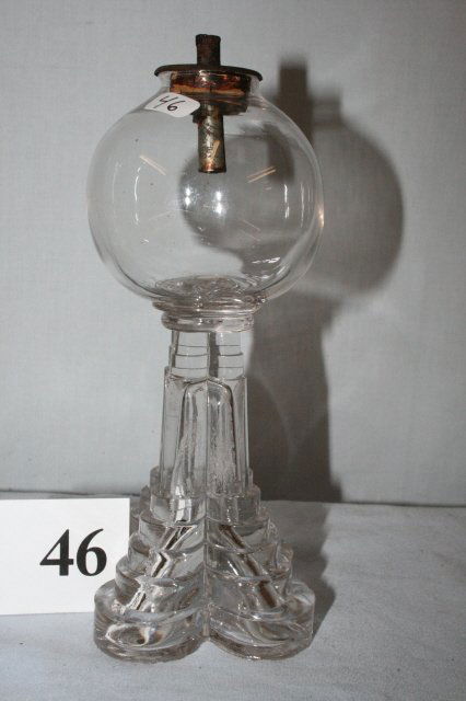 Sandwich Glass Whale Oil Lamp: Sandwich Glass Whale Oil Lamp with burner 7” high – the blown font and molded waterfall base is typical of early Sandwich Lamps – circa 1830-40