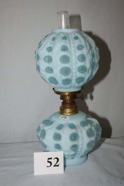 Miniature Oil Lamp: Miniature Oil Lamp – matching shade and base, robin egg blue, ribbed with clear spots – Fenton?