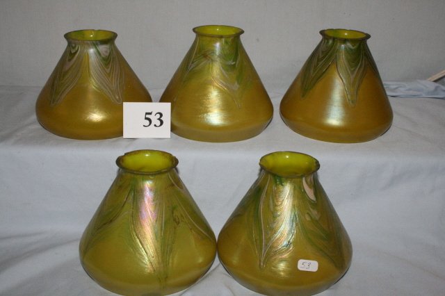 Five Loetz Pull Feather Style Shades: Set of Five Unsigned Loetz Pull Feather Style Shades – Shades are 4 ½” high with a 4 ½” opening at the bottom, shades have a 2 ½” fitter – all shades have chips on the fitter and base