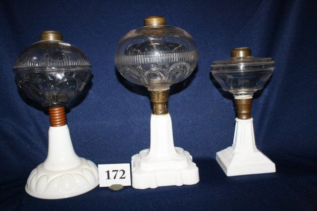 3 Milk Glass Base Kerosene Lamps: 3 Milk Glass Base Kerosene Lamps