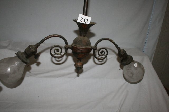 2 Arm Antique Copper Chandelier: 2 Arm Antique Copper Chandelier with frosted shades – rim chip