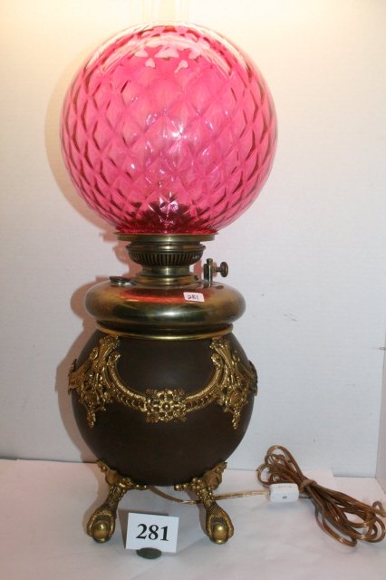 Base Gone with the Wind Lamp: Ornate Base Gone with the Wind Lamp with contemporary cranberry shade – 21” tall