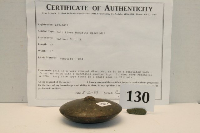 3” Perforated Salt River Discoidal: Rare 3” Perforated Salt River Discoidal – Red Hematite, discoidal represents an UFO, Calhoun Co., Ill. With C.O.A.