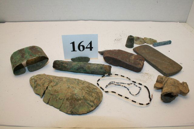 Group of Assorted Copper Artifacts: Group of Assorted Copper Artifacts – Gorgets, Arm Band and beads, all found together
