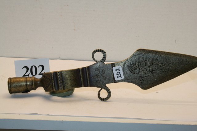 Brass Spontoon Pipe Tomahawk Head: 11” x 2 ¼” Brass Spontoon Pipe Tomahawk Head – heavily stamped – engraved, Indian Chief with Head Dress, old iron repair to bowl