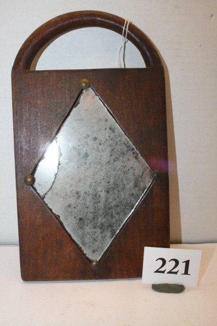 Hand Carved Wood Dance Mirror: 10” x 5 ¾” Hand Carved Wood Dance Mirror – cracked, 4 brass tacks, Rare!