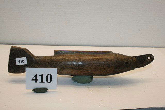 Wooden Fish Effigy Knife: 9” Wooden Fish Effigy Knife – fold out hand forged blade