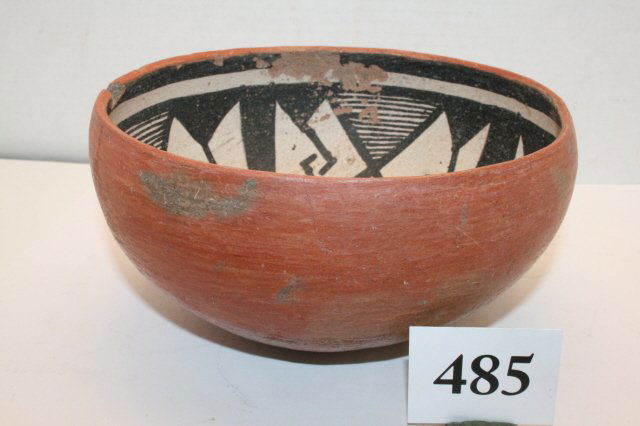 South Western Redware Bowl: 4 x 8 South Western Redware Bowl inside B & W Human Designs, cracked – Ex. Parker Melvin Collection