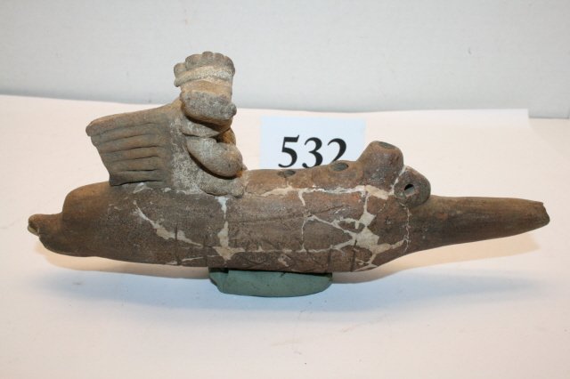 Clay Mayan Flute: 7 ½” x 3” Clay Mayan Flute “Alien” Space Ship – broken & restored