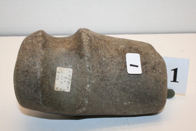 ¾ Groove Axe: 5 3/8” ¾ Groove Axe with broken bit, smoothed by Indian into a hammerstone, Hardin Co. Ohio