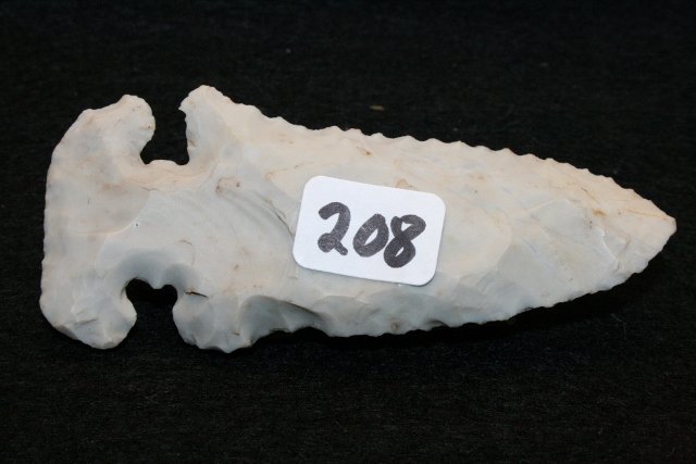 Flint Ridge “E” Notch Bevel: 3 3/8” Flint Ridge “E” Notch Bevel found by G. Lehman, Burt Staley Farm, Hardin Co. Ohio – Few Dings!