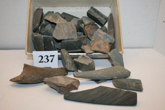 53 Broken Slate Bannerstones & Gorgets: Cigar Box filled with 53 Broken Slate Bannerstones & Gorgets etc…some with info (nice group)