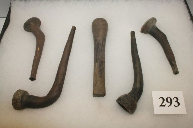 5 Earthenware Pipes: Group of 5 Pottery “Iroquois” Earthenware Pipes – found in Otsego Co. New York, included is a rare block end tube pipe and 4 trumpet style pipes – all appear to have some restoration – still