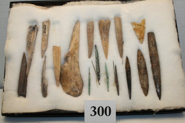 3 Copper Needles, 1 Flint Arrowpoint : 12 x 8 Frame containing 3 Copper Needles, 1 Flint Arrowpoint and 13 Bone Artifacts – Hardin Co. Ohio – largest 5 ½”
