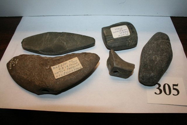5 Slate Artifacts: Lot of 5 Slate Artifacts consisting of 2 Bannerstone Preforms, 2 undrilled gorgets and birdstone tail – Hardin & Wyandot Co’s Ohio – all are rough