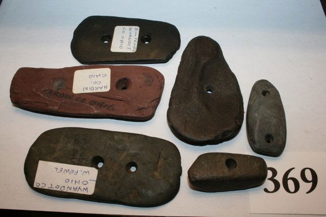 Six Slate Gorgets and Pendants: Group of Six Slate Gorgets and Pendants – Hardin and Wyandot Co’s Ohio – largest 4 1/8” (all are rough)