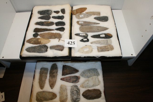 36 Flint Knives and Blades: (3) 12 x 8 Frames Total of 36 Flint Knives and Blades – many with Hardin Co. Info – largest 5 3/8”