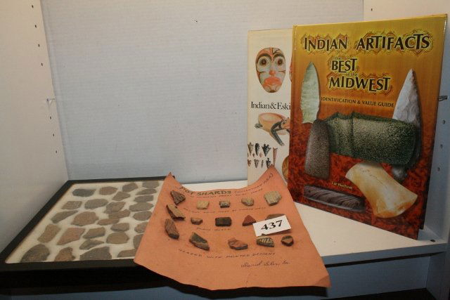 2 Books “Indian Artifacts”: Box Lot: 2 Books “Indian Artifacts” – “Best of the Midwest”, Lay Hothem and “Indian Artifacts of North America” Miles and 12 x 8 Frame of Pot Shards and a card of Pot Shards