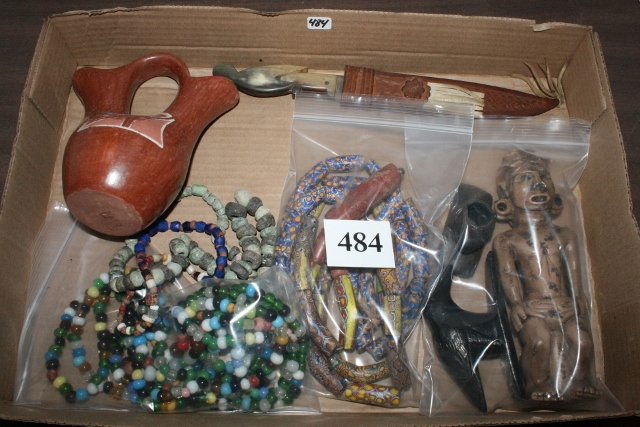 Trade Beads, Paniomania Knife: Job Lot Trade Beads, Paniomania Knife – Sheath, San Juan Wedding Vase, 3 Reproduction Mound Builder Pipes