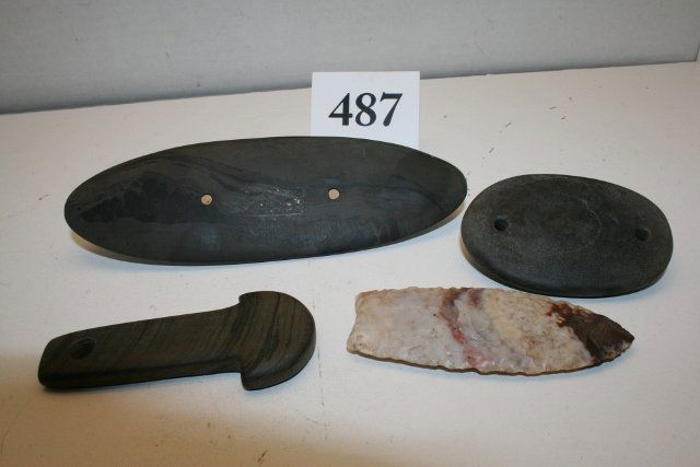 2 Gorgets, 1 pendant, 1 clovis point: 4 Contemporary Items: 2 Gorgets, 1 pendant, 1 clovis point – largest 6”