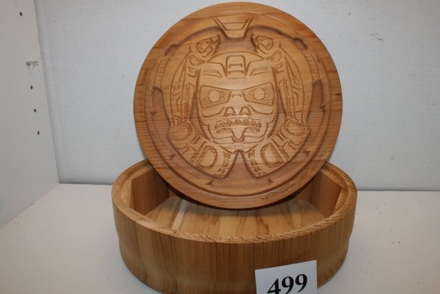 Cedar North West Coast Container: 10 ¼” x 3” Lidded Cedar North West Coast Container signed Clarence A. Dill?