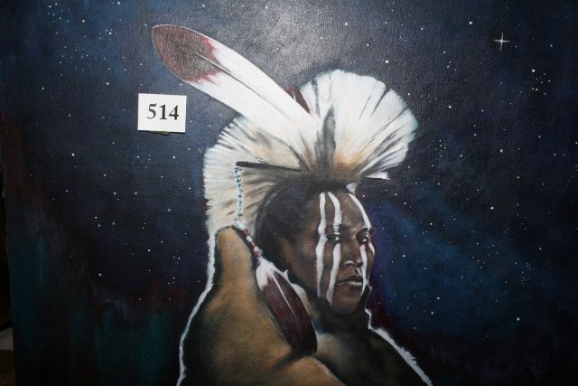 Self Portrait of Greg Red Elk: 40 x 30 Self Portrait of Greg Red Elk, Rapid City, South Dakota – the drum in painting was also made by Greg Red Elk and is included later in sale