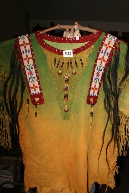 Decorated Man’s Hide Jacket: 40 x 40 Beaded Fringed Paint Decorated Man’s Hide Jacket – Thunder bird design bead work on the arms – circa 1920-1930 (Nice!)