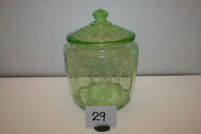 Green Depression Covered Cookie Jar: Green Depression Covered Cookie Jar – 7 ½” – lid has inside chips