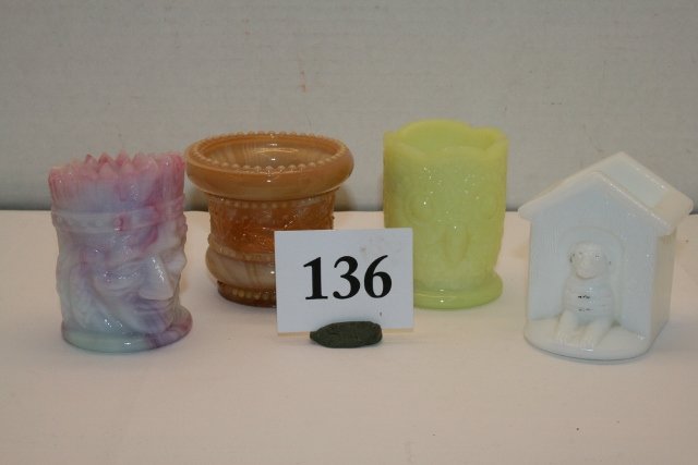 4 Pcs. – 3 Toothpick Holders: 4 Pcs. – 3 Toothpick Holders, 1 white milk glass dog match holder with striker on back – largest 2 ½” (owl cracked)