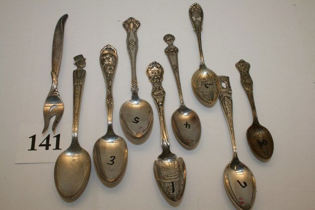8 Spoons & 1 Fork: 8 Spoons & 1 Fork: Palace of Electricity 1904 St. Louis, Charlie McCarthy, 1847 Rogers Bro. Fork, Arthur A. Everetts Co. Dallas Jewelers, Old Faithful, State Capitol Denver Colorado, misc. silverplate