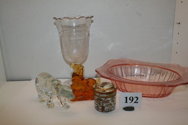 5 pc. Glassware: 5 pc. Glassware: Spoon, Pink Dep Dish, Nippon Covered Dish, Crystal Bear, amber glass horse