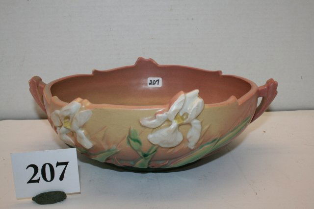 Roseville #361-8” Iris 2 Handled Console Bowl: Roseville #361-8” Iris 2 Handled Console Bowl – small rim chip