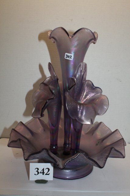 Fenton Purple Iridescent Epergne: 13 ½” Fenton Purple Iridescent Epergne – 4 horn