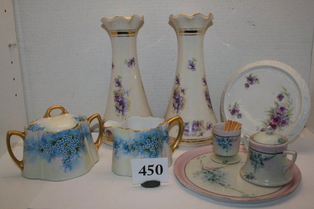 8pc. Glassware: 8pc. Glassware: Nippon 3 pc set, hand Painted creamer & sugar, trivet, 2 vases