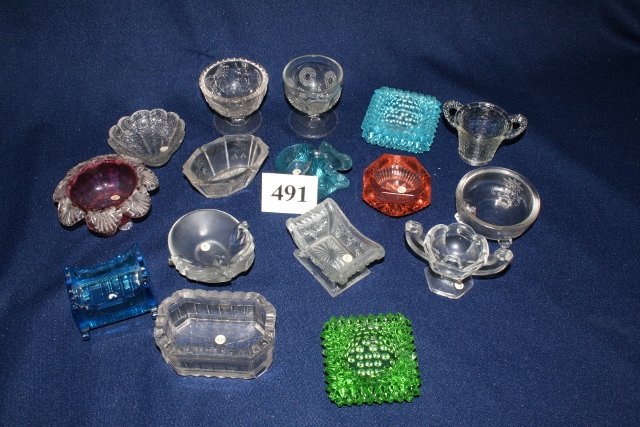 16 Assorted Salt Dips: 16 Assorted Salt Dips – cranberry, butterfly, hobnail cradle, squirrel (chips & nicks)