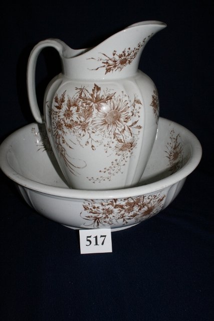 White Ironstone China Bowl & Pitcher: White Ironstone China Bowl & Pitcher – chip on bowl