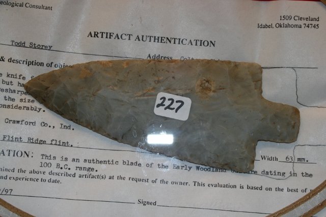 Flint Ridge Adena Spear: 6” Flint Ridge Adena Spear – Crawford Co. Indiana – Perino C.O.A.