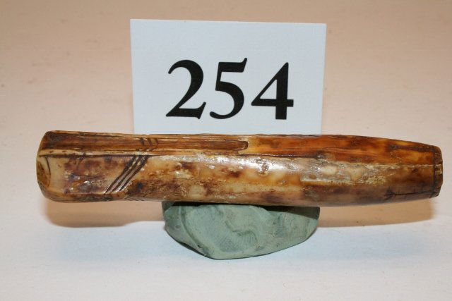 Engraved Needle Case: 3 ½” Polished Patinated Engraved Needle Case with elongated side channels, unusual, Rare Inuit